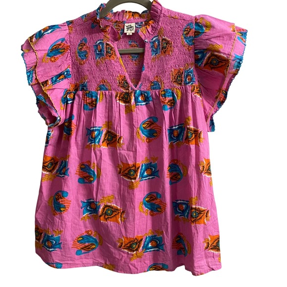 ivy jane Tops - Ivy Jane Pink Abstract Floral Smocked Ruffle Sleeve Cotton Blouse 641370 M